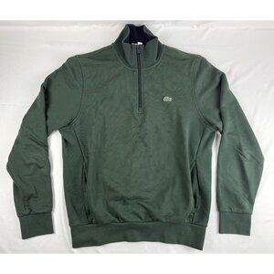 Lacoste Men's 1/4 Zip Pullover Sweater Solid Cotton Green Size M Pockets